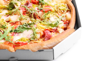 Fresh pizza in carton box  closeup