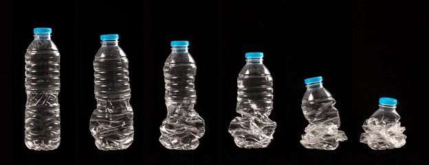 different steps of compressing a plastic bottle isolated on black background