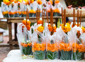 Marigold flower with joss for Buddha warship