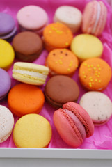 Colorful macaroons in box, closeup