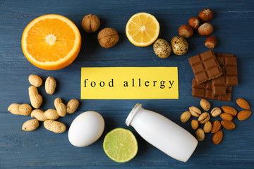 Allergy food concept. Allergic food on wooden background