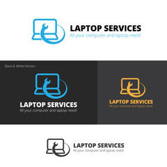 Laptop repaire logo. Notebook fix service symbol. 