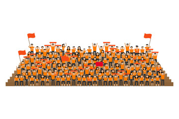 team supporter on stadium seats stand in orange shirts kit