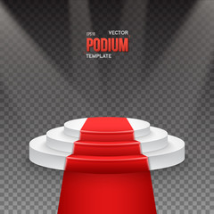 Illustration of Illustration of Photorealistic Winner Podium Stage with Stage Lights and Red Carpet Isolated on Transparent Overlay Background. Used for Product Placement, Presentations, Contests