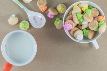 Sweets, snacks, beverages, milk for children.