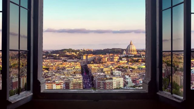 rome cityscape as seen from behind a window day to night timelapse at the sunset to night city lighting up  panorama traffic rushing 