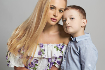 Mother and Child. Beautiful Blond Woman with Little Son. Happy Beautiful Family