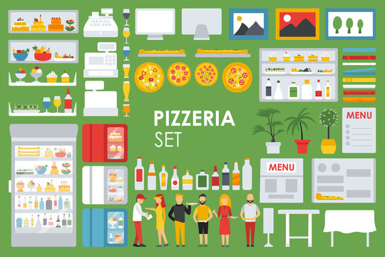 Big detailed Pizzeria Interior flat icons set. Pizza conceptual web vector illustration. 