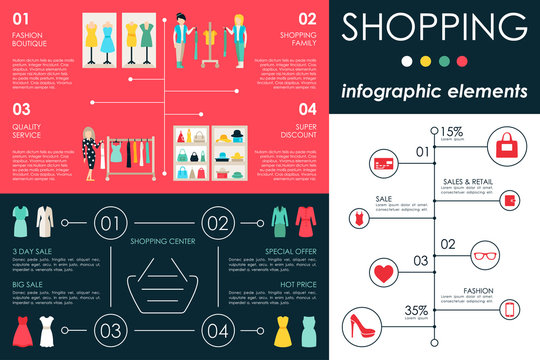 Shopping Center Concept Retail Infographic Flat Web Vector Illustration. Info, Graphic, People, Room, Shop, Boutique. Presentation Timeline