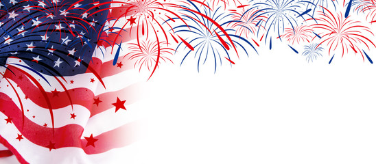 USA flag with fireworks on white background - obrazy, fototapety, plakaty