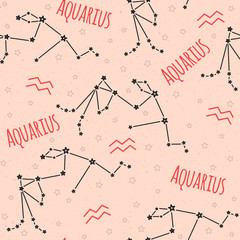 Seamless vector pattern. Background with the image of constellation Aquarius zodiac sign on a sandy beige background with star. Pattern for design packaging, design brochures, printing on textiles