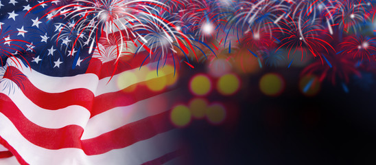 USA flag with fireworks on bokeh background - obrazy, fototapety, plakaty