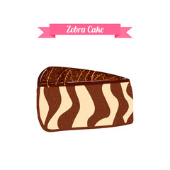 Piece of cake. Vector sliced portion of the chocolatel striped zebra cake. Isolated image of a delicious tasty cake on white background for menu design, coffee, confectionery