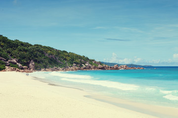 Fototapeta na wymiar Beach Grand Anse, La Digue, Seychelles. Toned image