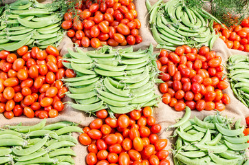 Fototapeta na wymiar Set of backgrounds vegetables tomatoes and peas