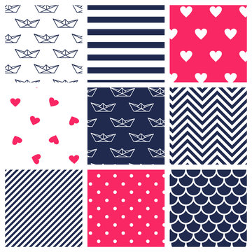 Set of romantic marine seamless patterns: stripes, hearts, polka