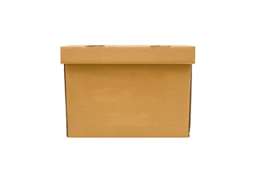 Cardboard kraft box isolated. Top close of brown yellow card board box isolated on white.