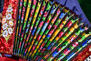 The colorful design of a traditional Russian accordion