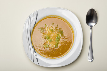 a plate of soup on a bright background
