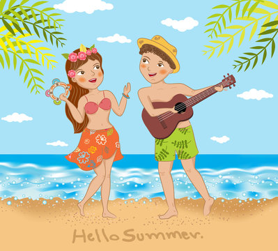 young couple singing and dancing on the beach