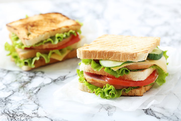 Tasty and fresh sandwiches on a grey table