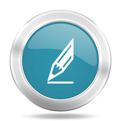 pencil icon, blue round glossy metallic button, web and mobile app design illustration