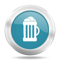 beer icon, blue round glossy metallic button, web and mobile app design illustration