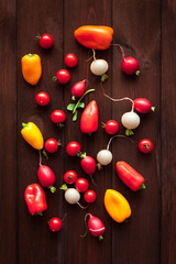 fresh vegetables on wooden background, flat lay, top view
