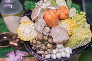 Collection fruits and vegetables with mushrooms, cabbage, corn, carrots, celery.