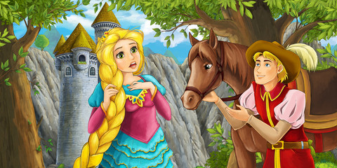 Cartoon fairy tale scene with prince encountering hidden tower and princess - illustration for children