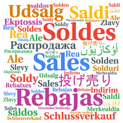 Sales in different languages word cloud concept 