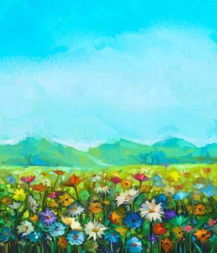 Oil painting white, red, yellow daisy- gerbera flowers, wildflower in fields. Meadow landscape with wild flowers, hill and blue sky background. Hand Paint summer floral Impressionist style © nongkran_ch