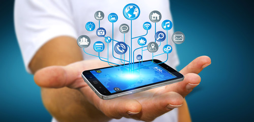 Businessman using modern digital electronic circuit with icons o