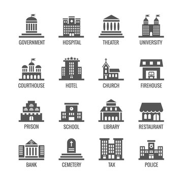 Government, Public Building Vector Icons Set. Building Icon Set Public And Architecture Building Government City Illustration