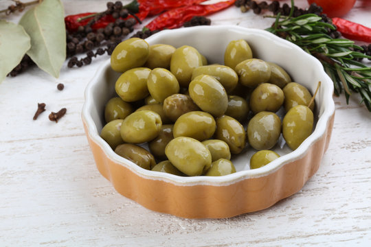 Green olives in the bowl