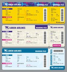 Airplane vector traveling tickets template. Ticket to airplane and flight ticket pass illustration