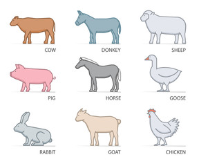 Line vector icon set farm animals