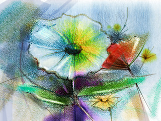 Fototapeta premium Abstract flower watercolor painting. Hand paint still life of Yellow, Pink, Red color daisy- gerbera floral in soft color on white, blue, green color background. Spring flower nature background