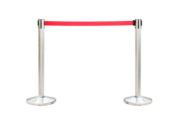 Stainless barricade with red rope isolate on white background