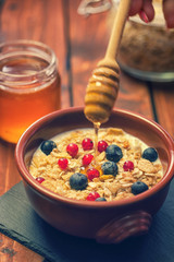 Healthy Breakfast Muesli with berries,honey and milk 
