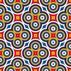 Bright ethnic abstract background. Seamless pattern with symmetric geometric ornament.