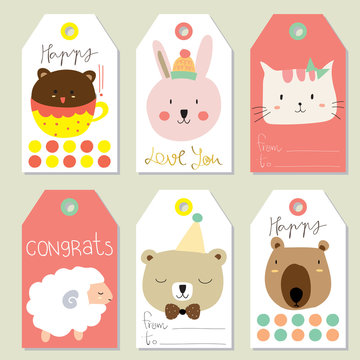Light pink yellow tag sale on summer with bear,sheep,cat and rab