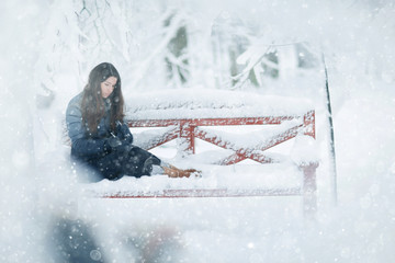 snow park bench girl