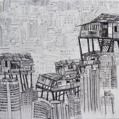 Drawing of wooden house on high building with tightly of house and building background,black ink on canvas