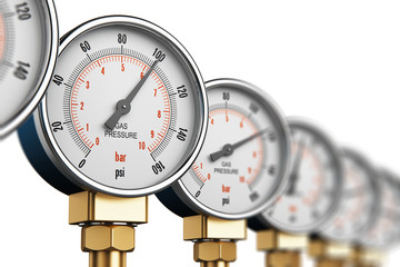 Row of industrial high pressure gas gauge meters - obrazy, fototapety, plakaty