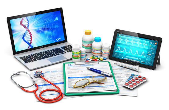 Medical supplies, prescription forms and computer diagnostics