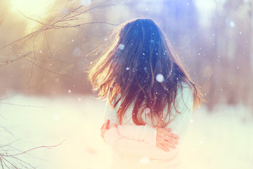 unusual toned portrait of a beautiful young girl in winter