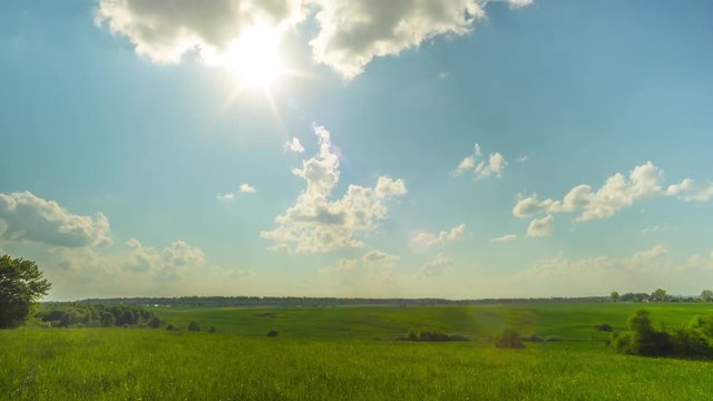 Summer landscape and the sun, panoramic time-lapse