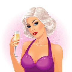 Vector illustration. Beautiful young blonde lady in lilac sparkling dress, holds a glass of champagne.