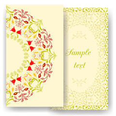 Vintage romantic cards. Floral decorations, leaves, flowers patterns ornaments. wedding templates with green floral theme. 
